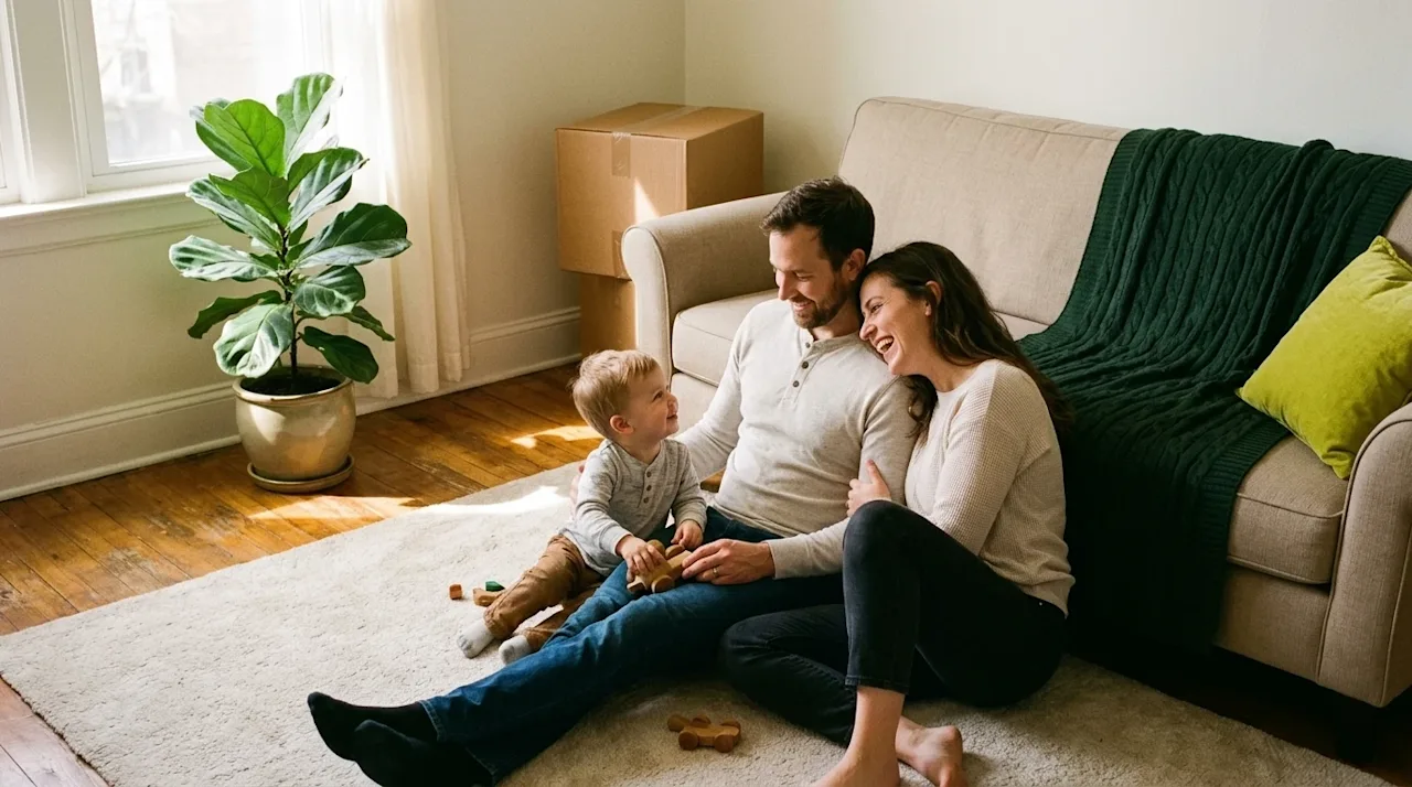 A candid, warm lifestyle photograph of a young family feeling safe and comfortable in their cozy home living room. A mother,