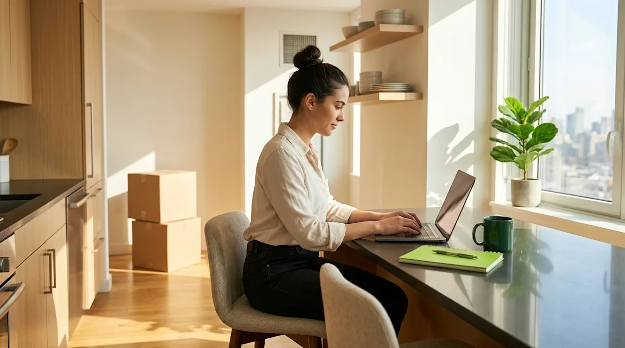Authentic lifestyle photography of a young professional working on a laptop at a kitchen island in a bright, sunlit apartment
