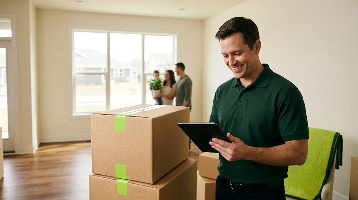 A high-quality lifestyle photograph capturing a modern, innovative moving experience in an Omaha, Nebraska home. In the foreg