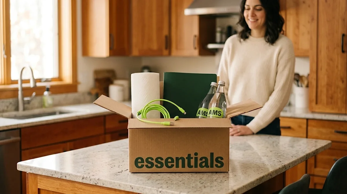 Clear, professional marketing photography of a neatly organized "essentials" moving kit resting on a light-colored kitchen is