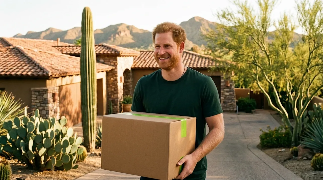 A candid, photorealistic 35mm film lifestyle photograph of Prince Harry carrying a brown cardboard moving box while walking u