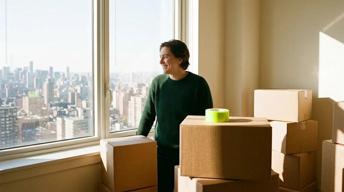 Authentic 35mm film photography of a smiling young adult looking out a large apartment window at a bright, sunny city skyline