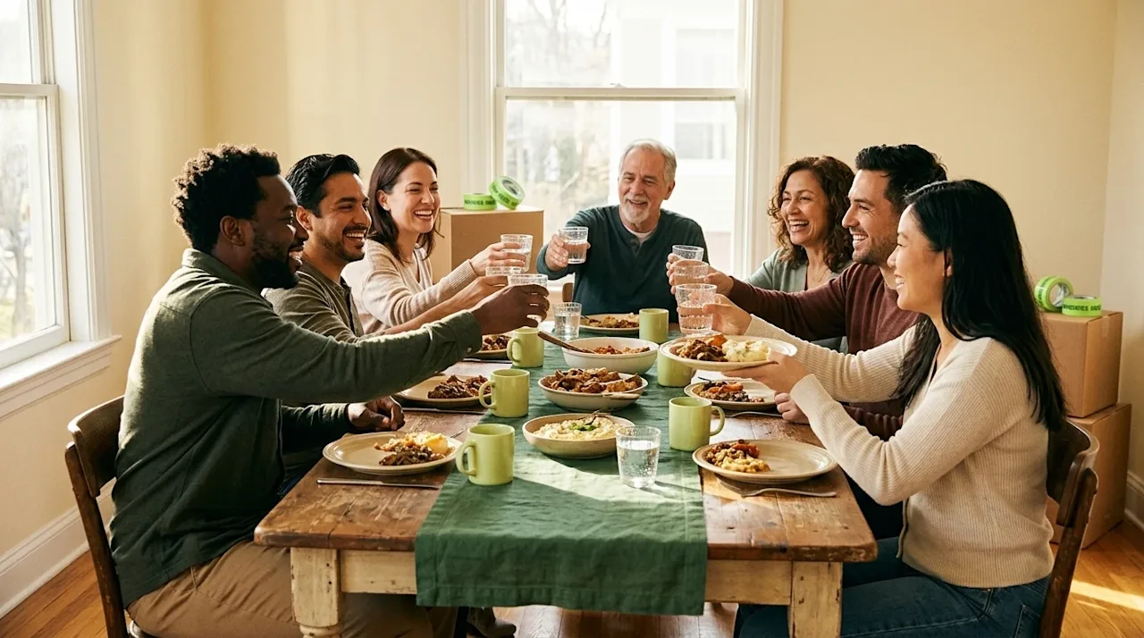 A candid, heartwarming lifestyle photograph of a happy diverse group of friends and family sharing a cozy, joyful meal around
