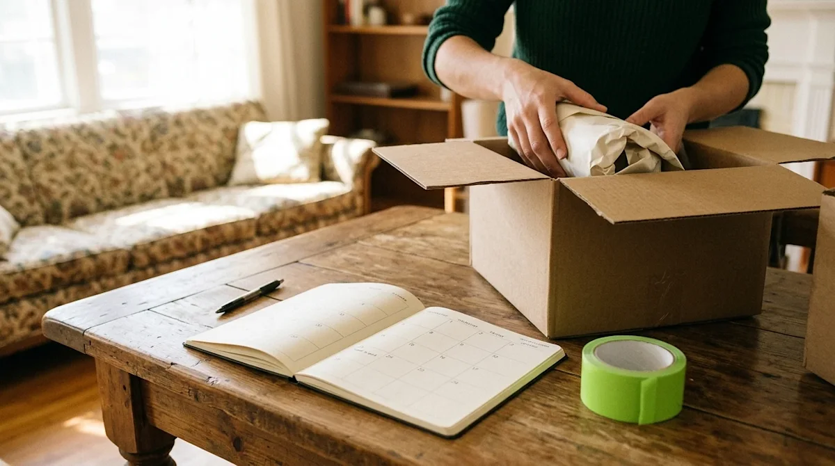 Clear and professional marketing lifestyle photography representing a moving preparation timeline. A wooden dining table hold