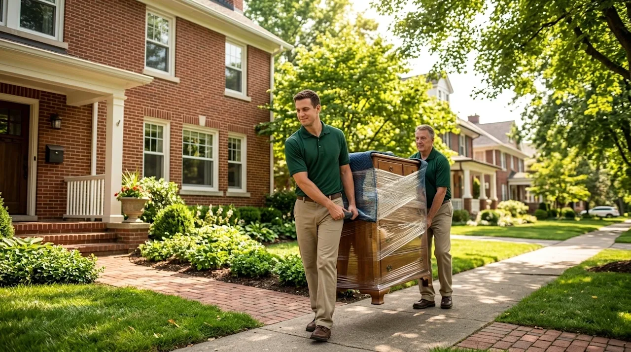Professional photography of a premium full-service residential move taking place on a sunny day in a charming, leafy neighbor