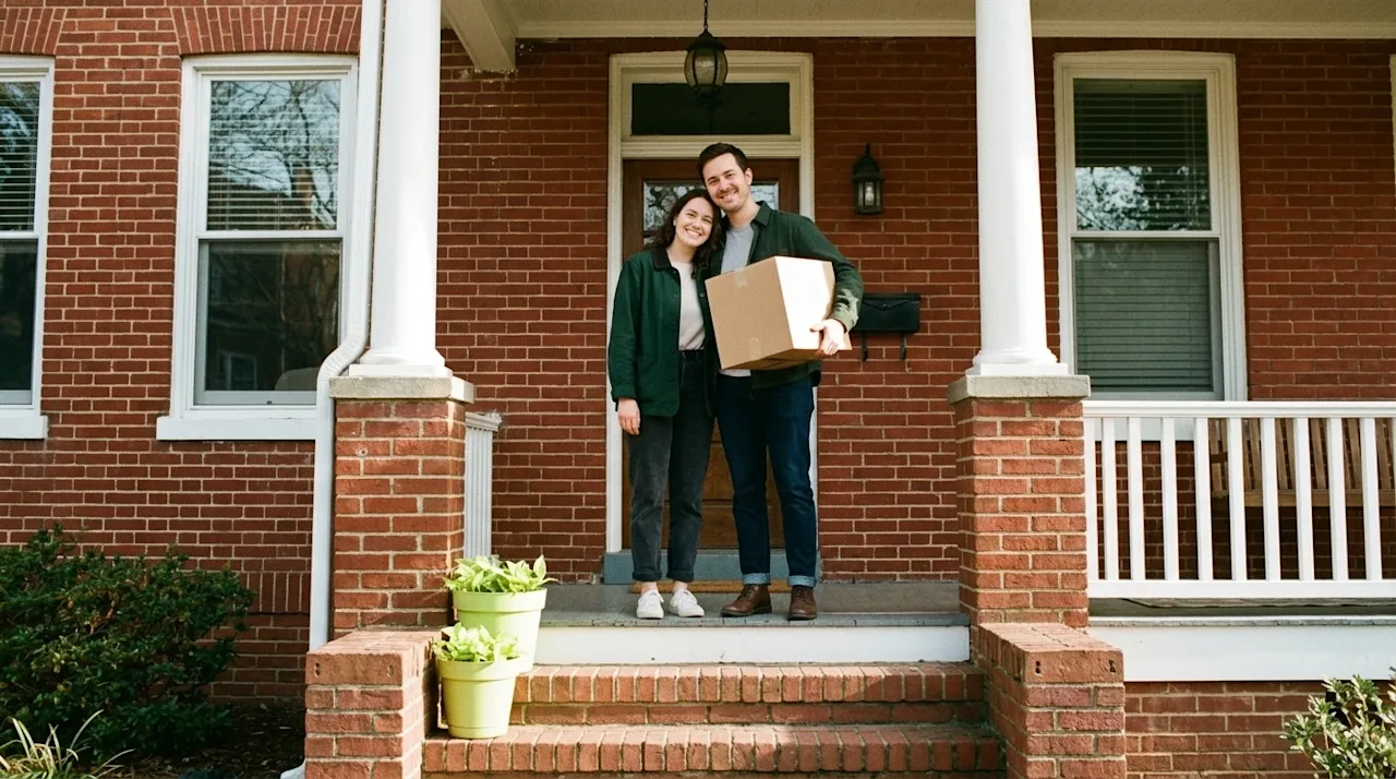 A candid, warm lifestyle photograph of a happy couple standing on the front porch of a charming, historic red brick home typi