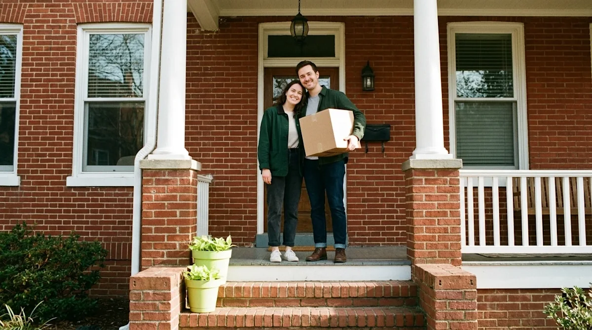 A candid, warm lifestyle photograph of a happy couple standing on the front porch of a charming, historic red brick home typi