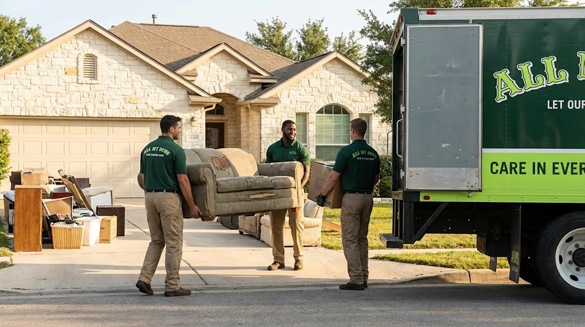 Professional junk removal team carrying old furniture to a truck in a suburban driveway