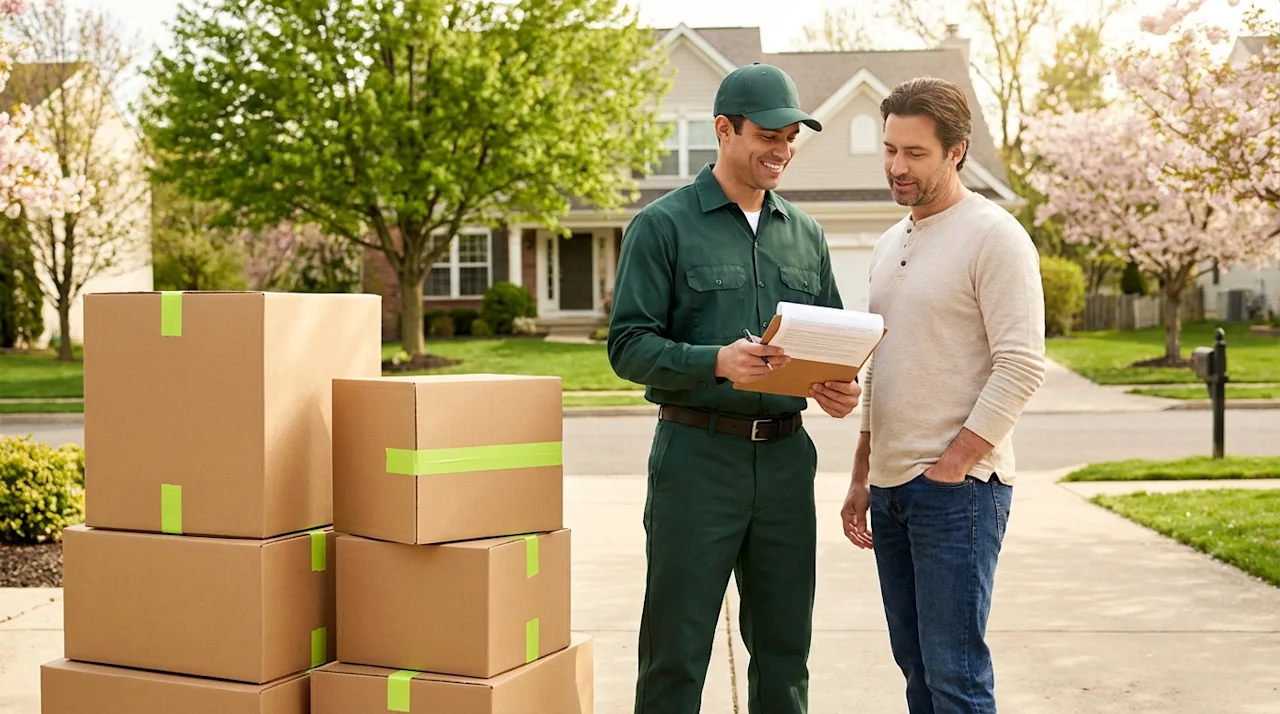 Professional mover discussing moving insurance on clipboard with homeowner near stacked boxes in a suburban driveway.