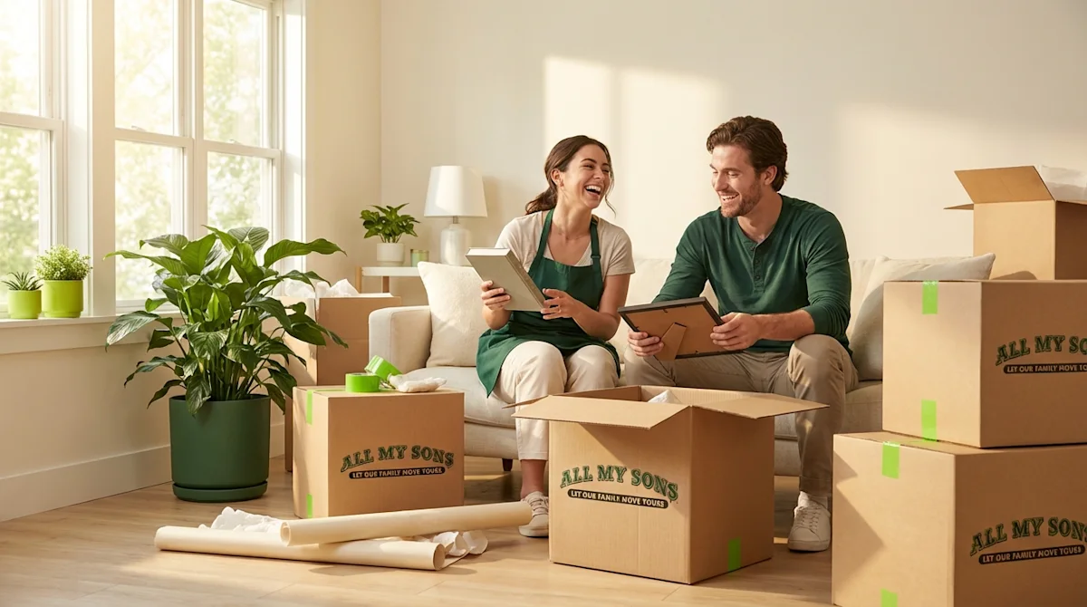 Happy couple unpacking All My Sons moving boxes in a sunlit living room with green accents and plants.