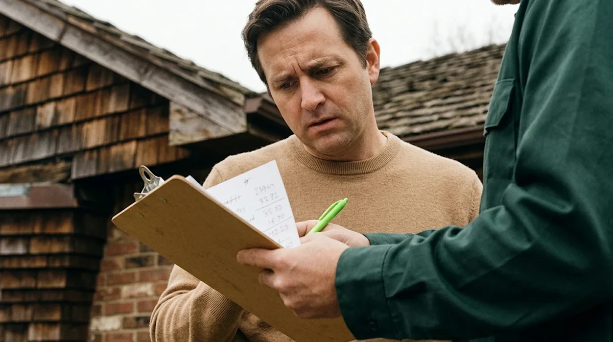 A candid lifestyle photograph in a 35mm film style showing a concerned homeowner looking over a suspicious roofing estimate.