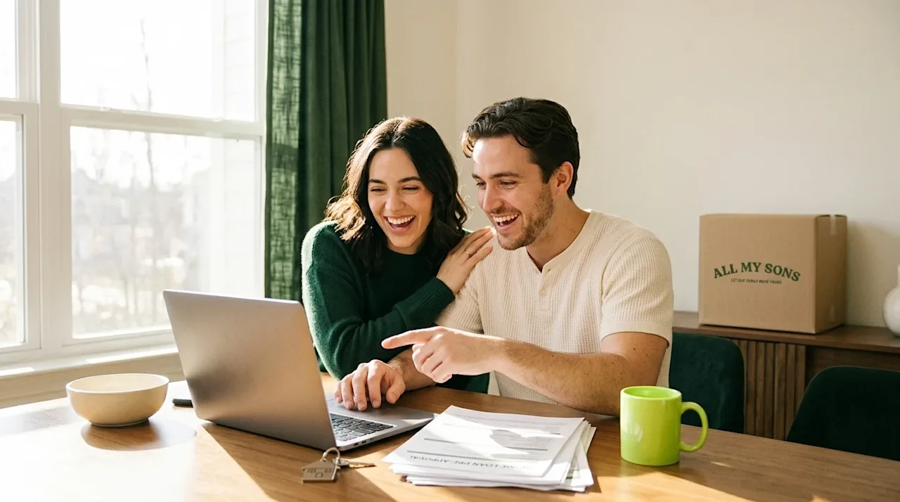 Authentic, warm lifestyle photography of a joyful young couple sitting at a brightly lit dining table, looking excitedly at a