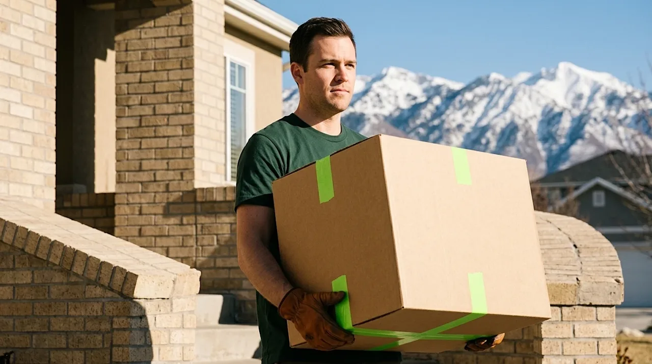 Authentic lifestyle photography of a careful professional mover working on a bright, sunny day in Salt Lake City. The mover i