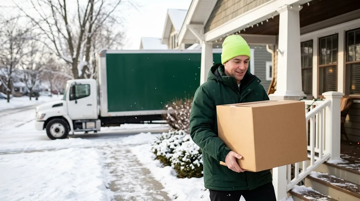 Clear, professional marketing photography of a wintertime residential move. A professional mover is carefully carrying a stur