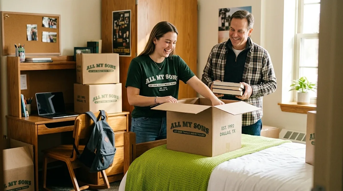 A high-quality, bright editorial photograph of a smiling college student and a parent unpacking in a college dorm room. The s