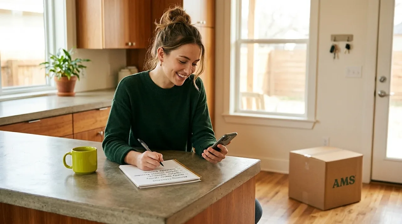 Professional marketing lifestyle photography of a person organizing their upcoming move. A cheerful young woman sits at a war