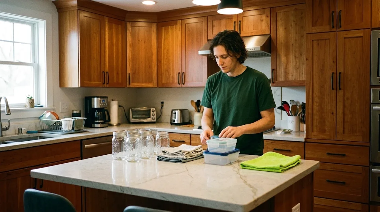 Candid lifestyle photograph in the style of an authentic, slightly vintage 35mm snapshot. A cozy, lived-in home kitchen featu