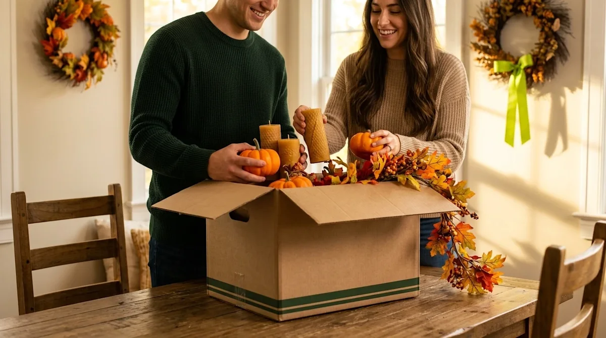 A warm, high-quality lifestyle photograph of a cozy home interior being decorated for Thanksgiving. A smiling young couple is