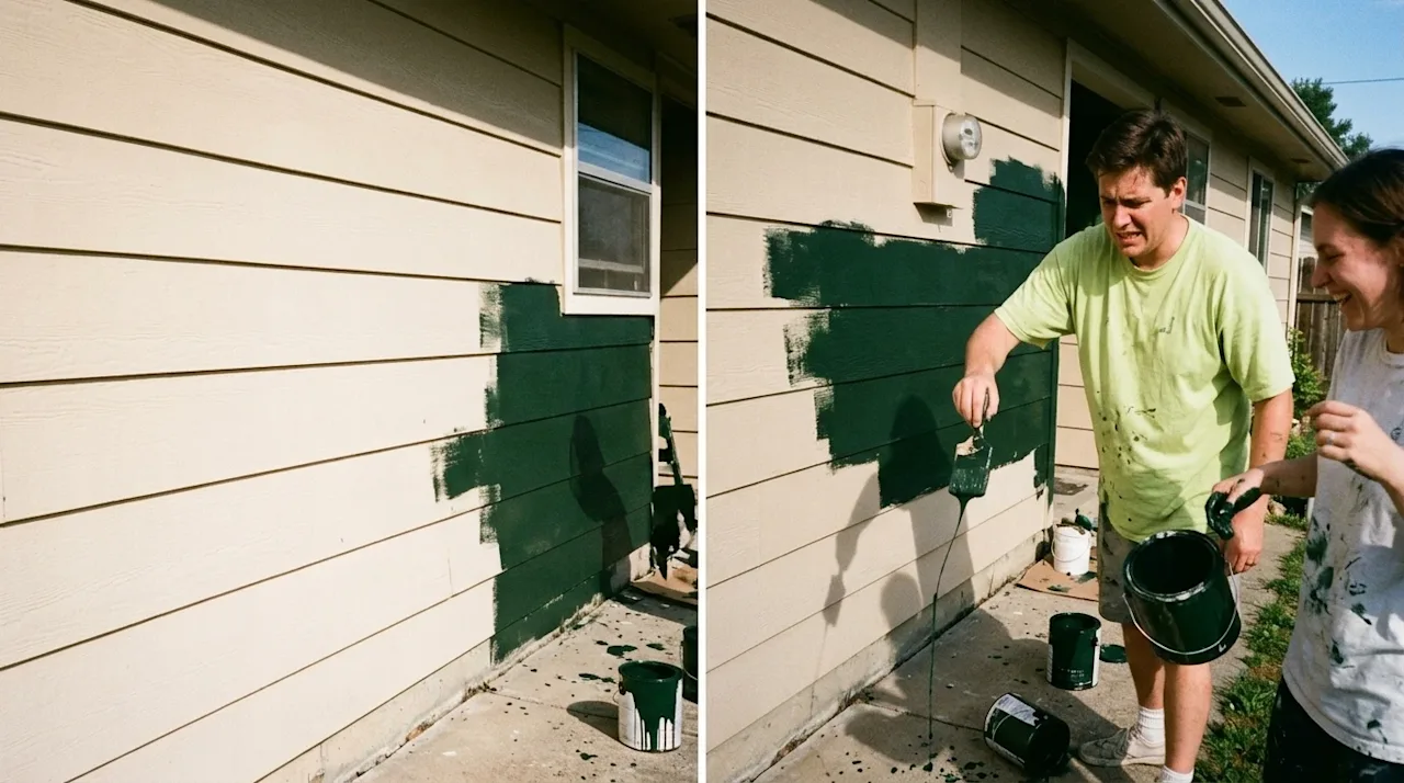 A candid 35mm lifestyle film photograph of a couple attempting to paint the exterior siding of a beige house, capturing a rel