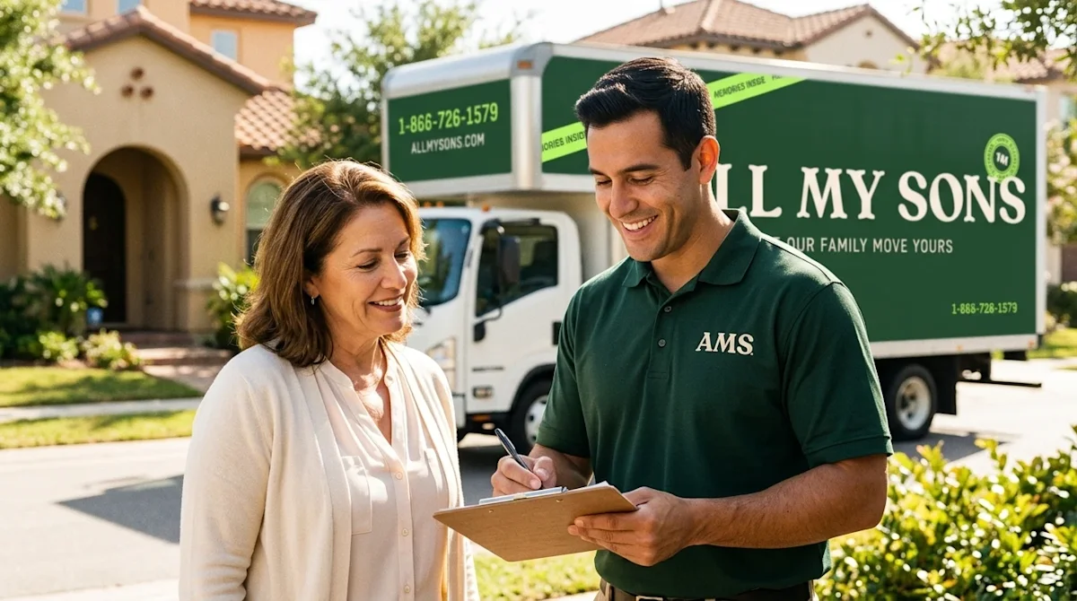 Clear, professional marketing photography. A friendly, professional mover wearing a dark forest green polo shirt is confident