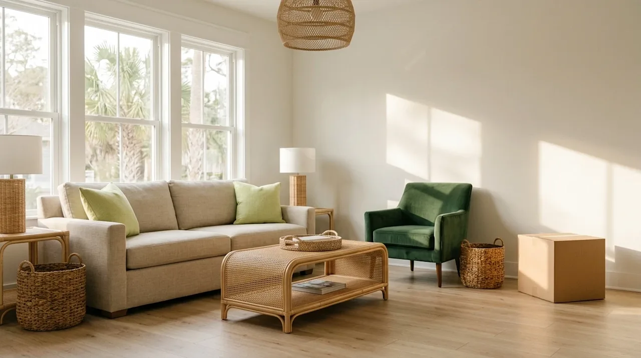 Professional marketing photography of a bright, beautifully styled living room in a coastal Hilton Head home, showcasing eleg