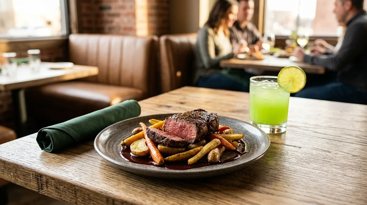 Professional marketing photography of a beautifully plated gourmet meal at a high-end, welcoming restaurant in Oklahoma City,