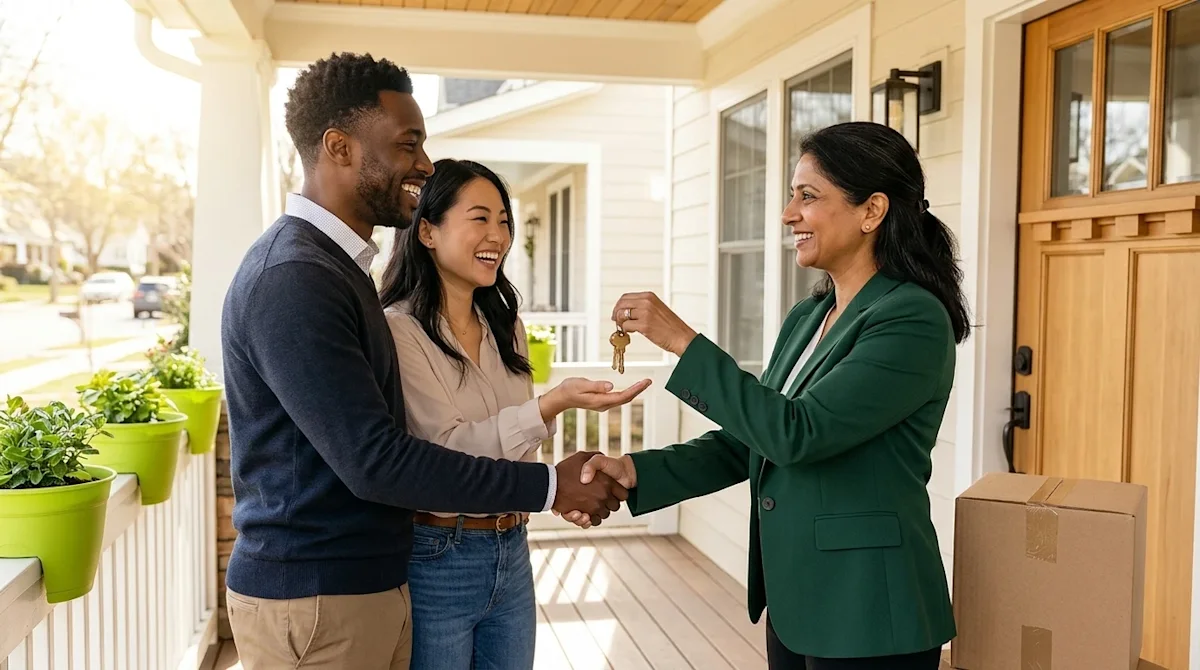Clear, professional marketing lifestyle photography of a happy, diverse young couple shaking hands with a friendly financial