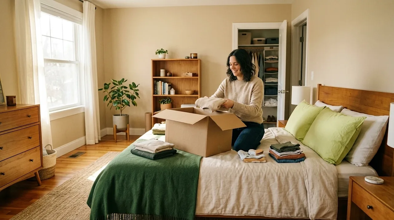 Candid lifestyle photography of a cozy, sunlit bedroom in the middle of a stress-free reorganization. A person is happily fol