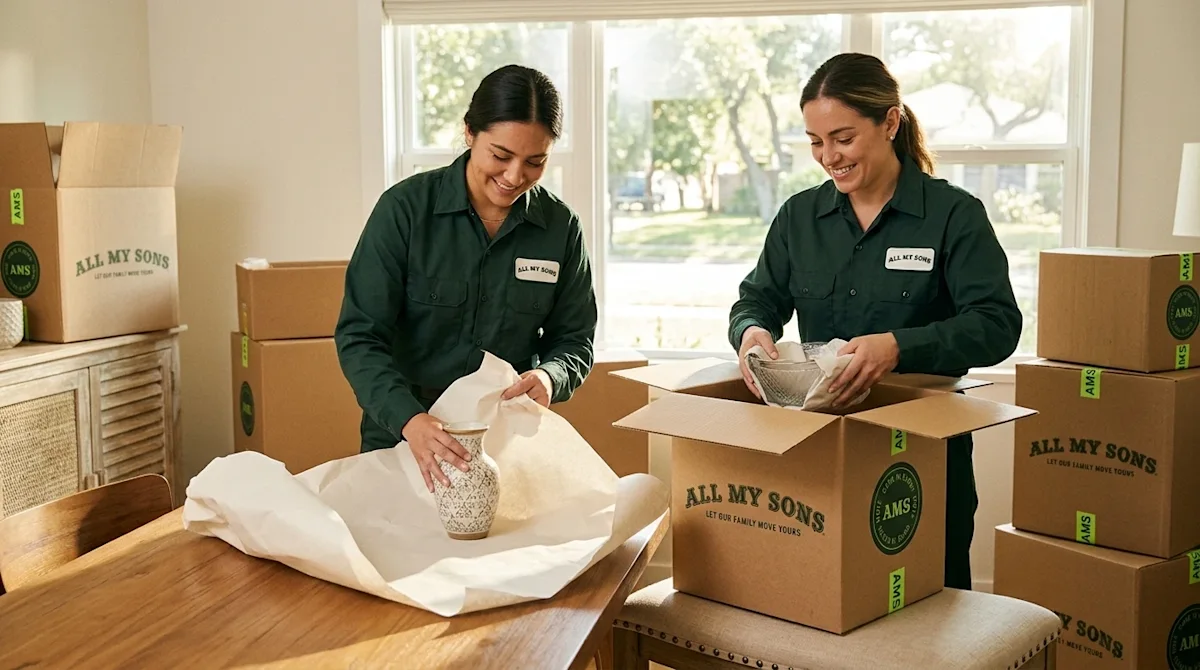 High-quality candid photography of a stress-free moving day. Two professional packers are carefully wrapping delicate househo