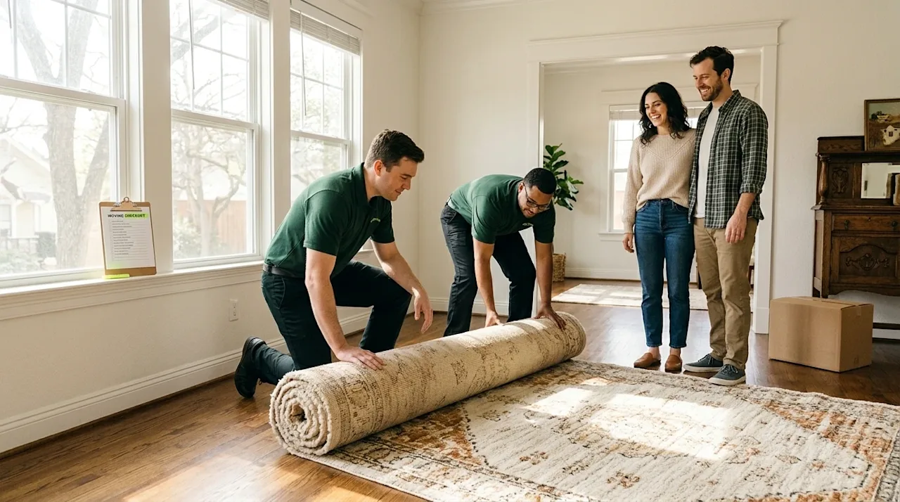 Clear, professional marketing photography of a bright, sunlit living room with rich hardwood floors. In the center, two profe