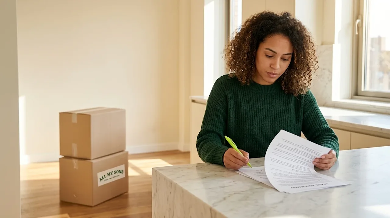Professional marketing photography of a focused young adult tenant sitting at a kitchen island in a modern apartment, careful