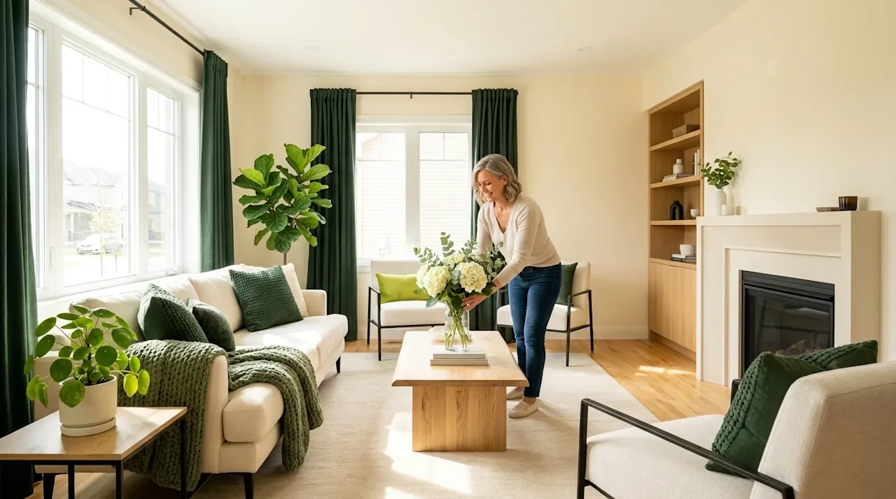 Clear and professional marketing photography of a beautifully staged, pristine, and decluttered living room interior, perfect