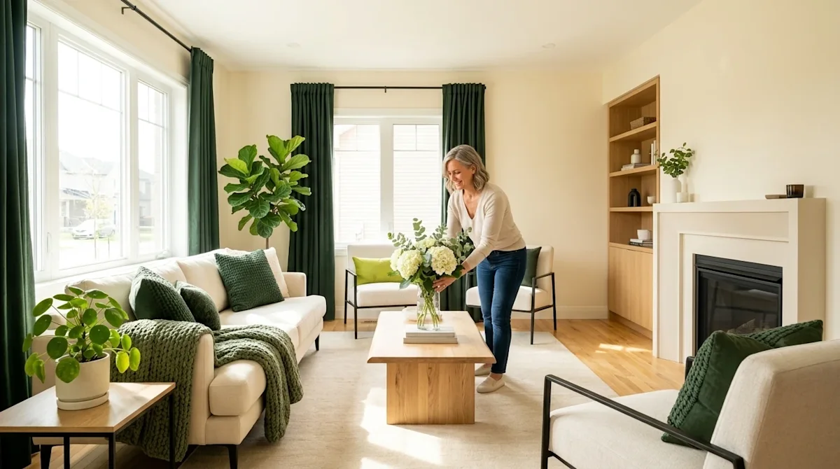 Clear and professional marketing photography of a beautifully staged, pristine, and decluttered living room interior, perfect