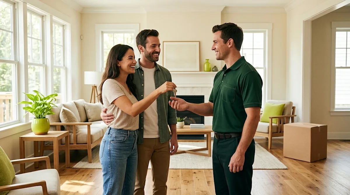 Clear, professional marketing photography of a happy couple in a beautifully staged, sunlit living room of a welcoming home,