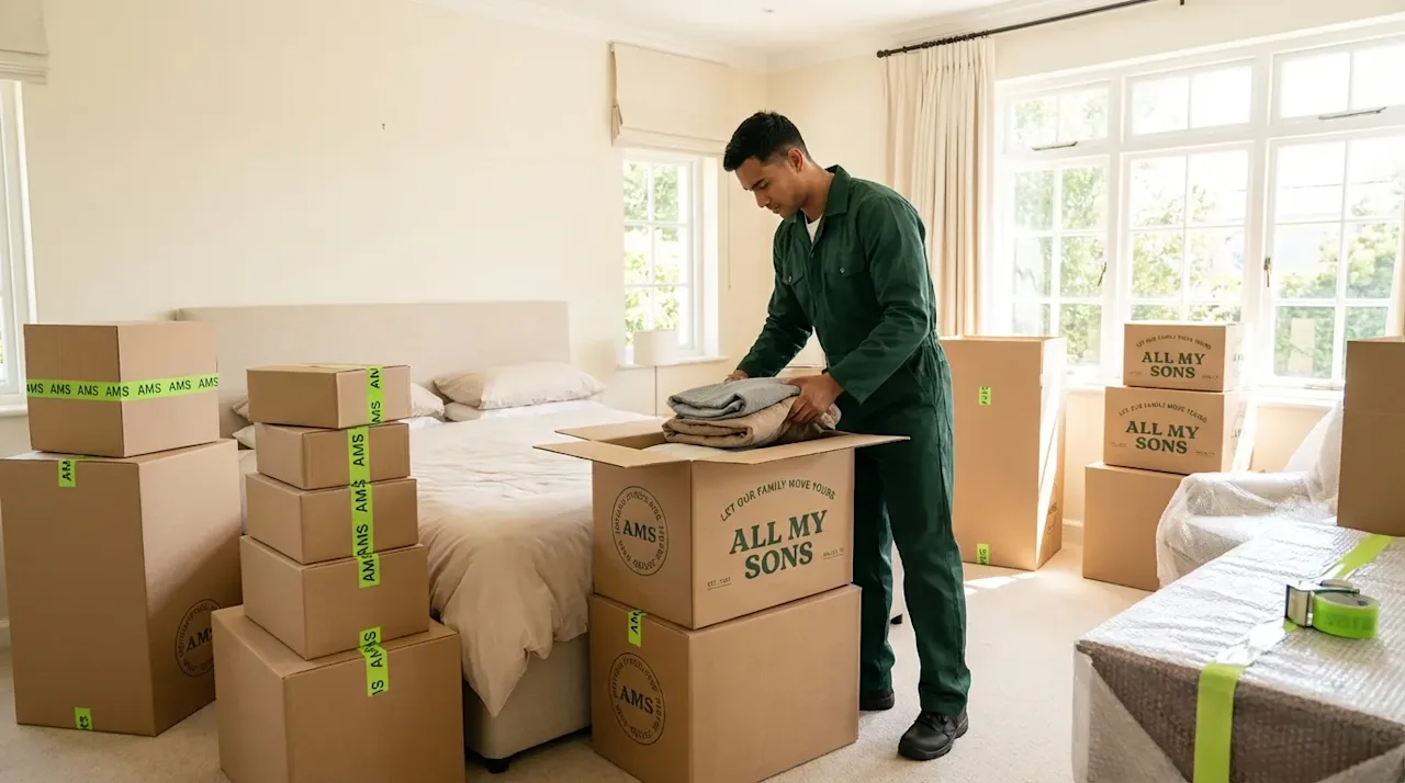 Professional mover in green uniform packing bedding into a box in a bright master bedroom for All My Sons.