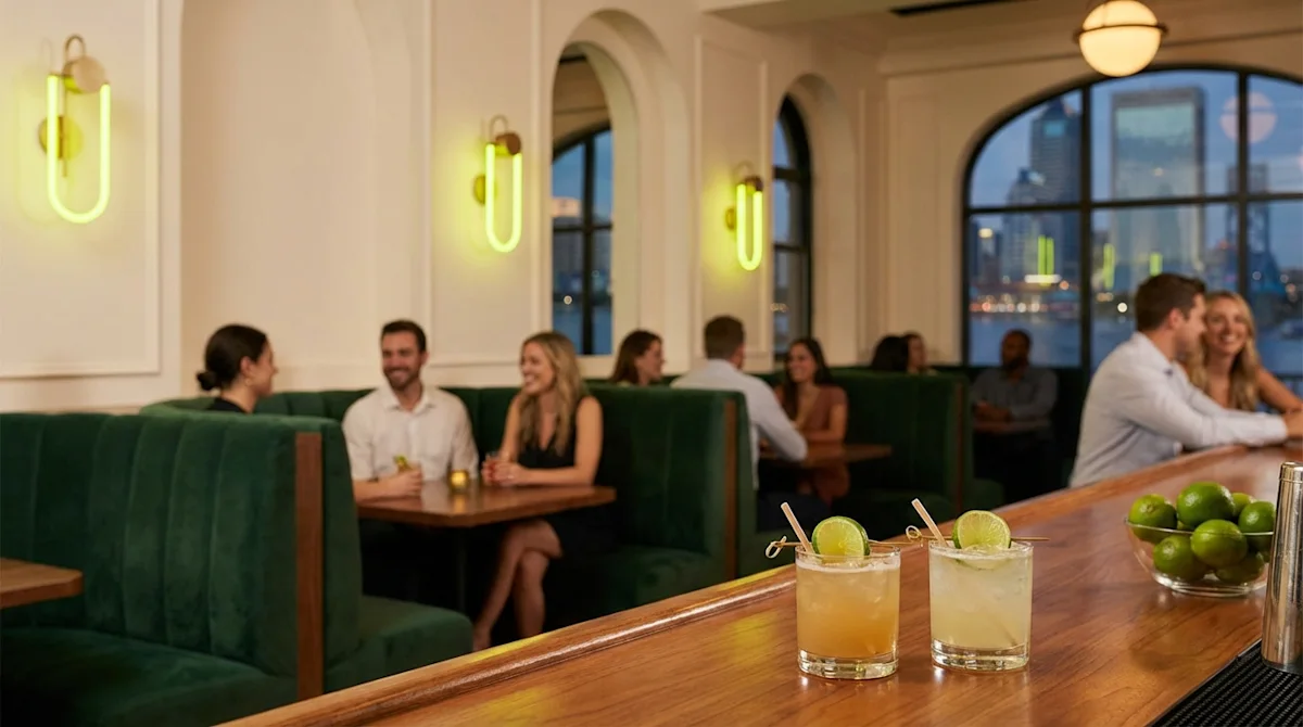 Sophisticated Jacksonville bar with craft cocktails, green velvet booths, and city skyline views.