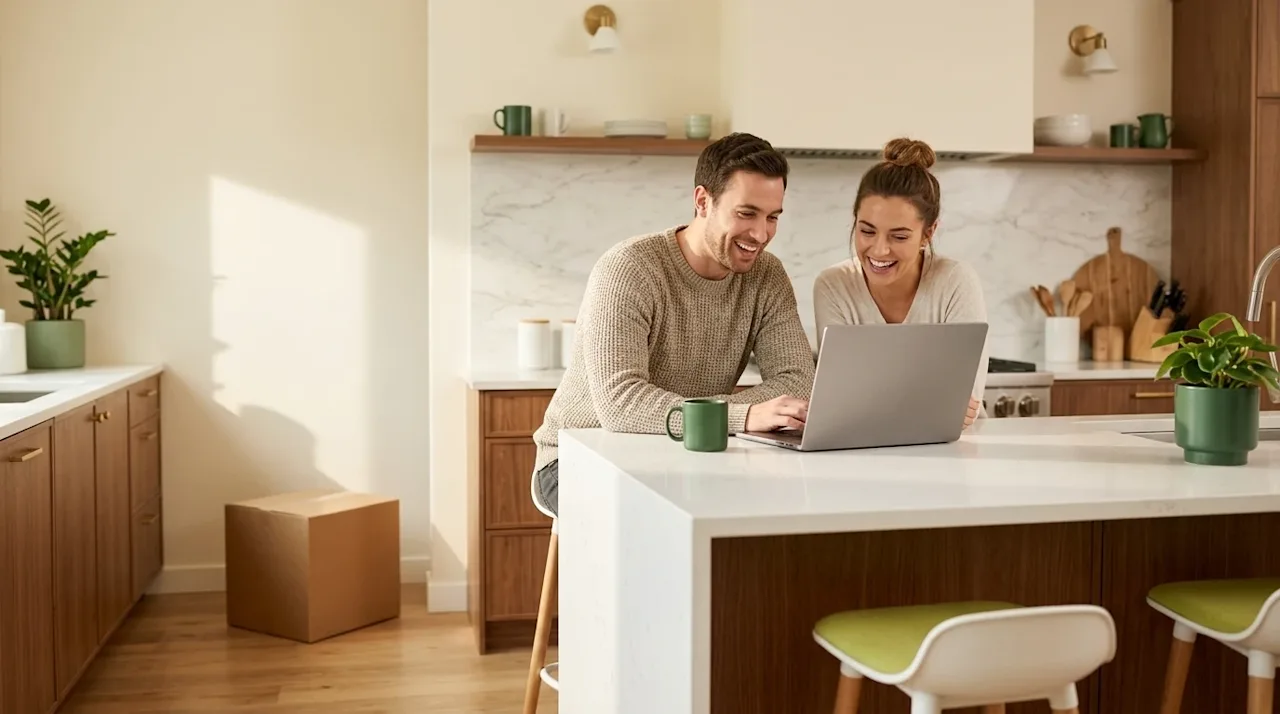 Clear, professional lifestyle marketing photography of a happy young couple sitting at a bright, tidy home kitchen island, lo