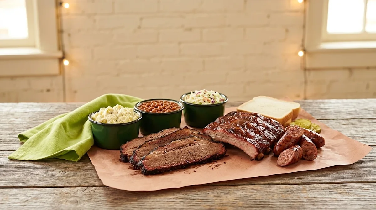 Professional marketing food photography of a mouth-watering authentic Texas BBQ platter in a rustic McKinney restaurant. Rich