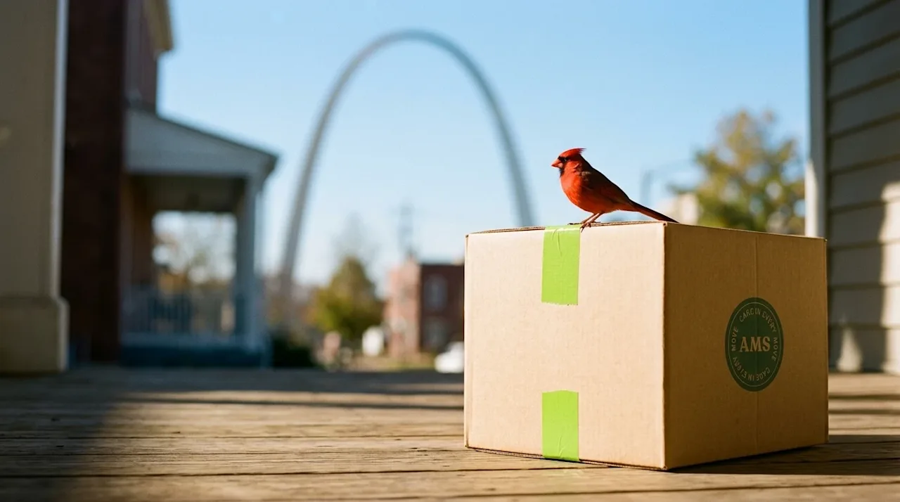 Photograph of a bright red Northern Cardinal perched elegantly on the edge of a tan cardboard moving box.