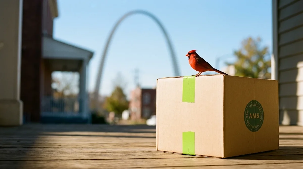 Photograph of a bright red Northern Cardinal perched elegantly on the edge of a tan cardboard moving box.