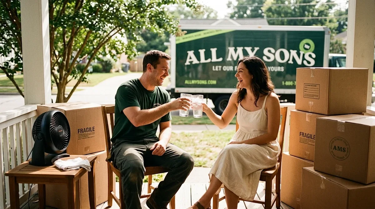 A candid, authentic 35mm lifestyle photograph of a smiling professional mover and a homeowner taking a refreshing break on a