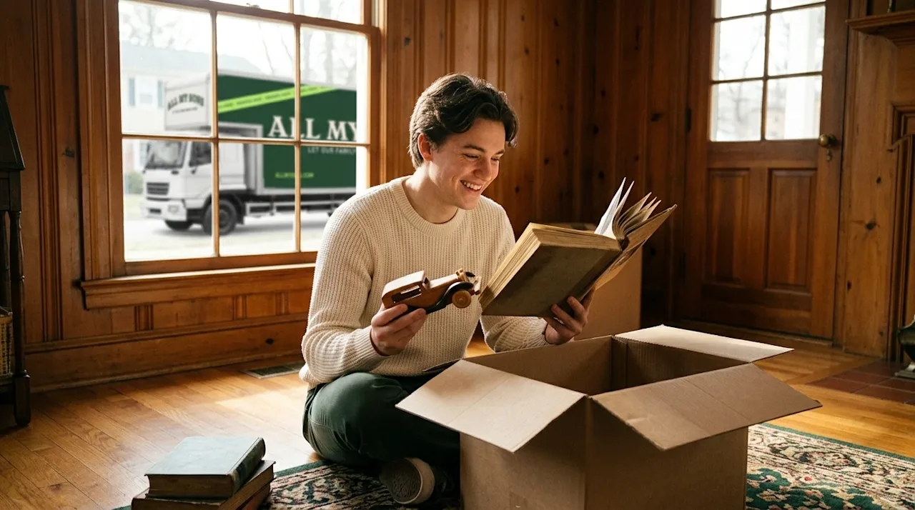 A candid, nostalgic photograph of a young adult smiling warmly while unpacking a cardboard moving box in the sunlit living ro