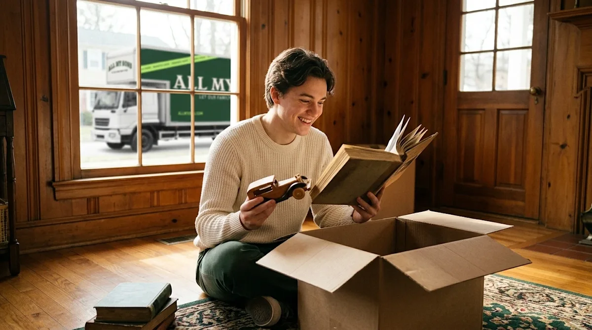 A candid, nostalgic photograph of a young adult smiling warmly while unpacking a cardboard moving box in the sunlit living ro