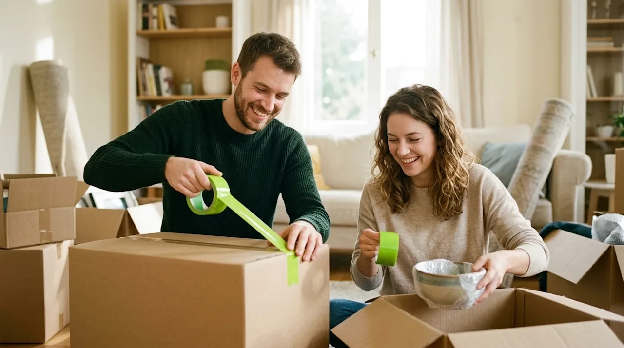 A warm, candid lifestyle photograph of a smiling couple inside a sunlit, cream-colored living room, actively preparing to mov