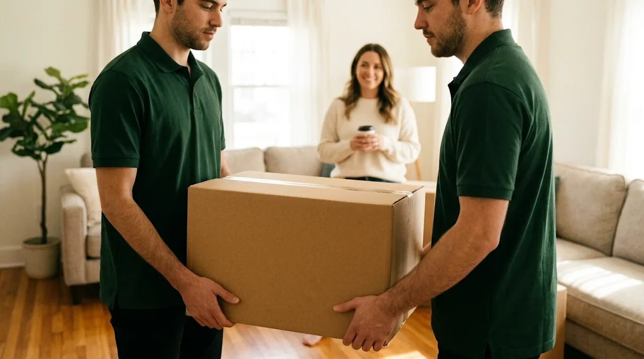 Candid, warm 35mm film photography of two professional movers wearing plain dark forest green polo shirts carefully carrying