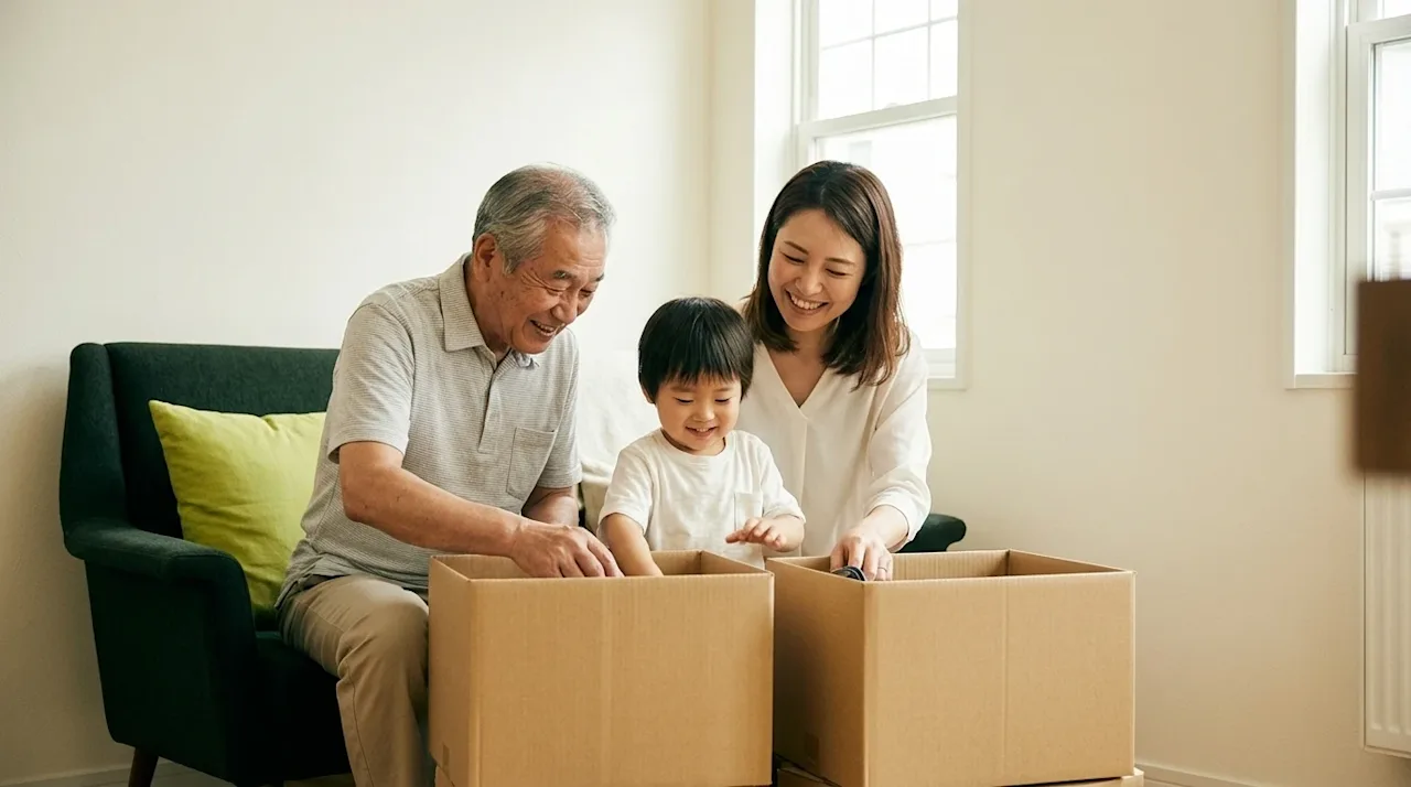 Clear and professional marketing photography of a happy, intergenerational family sharing a warm, authentic moment in a cozy,