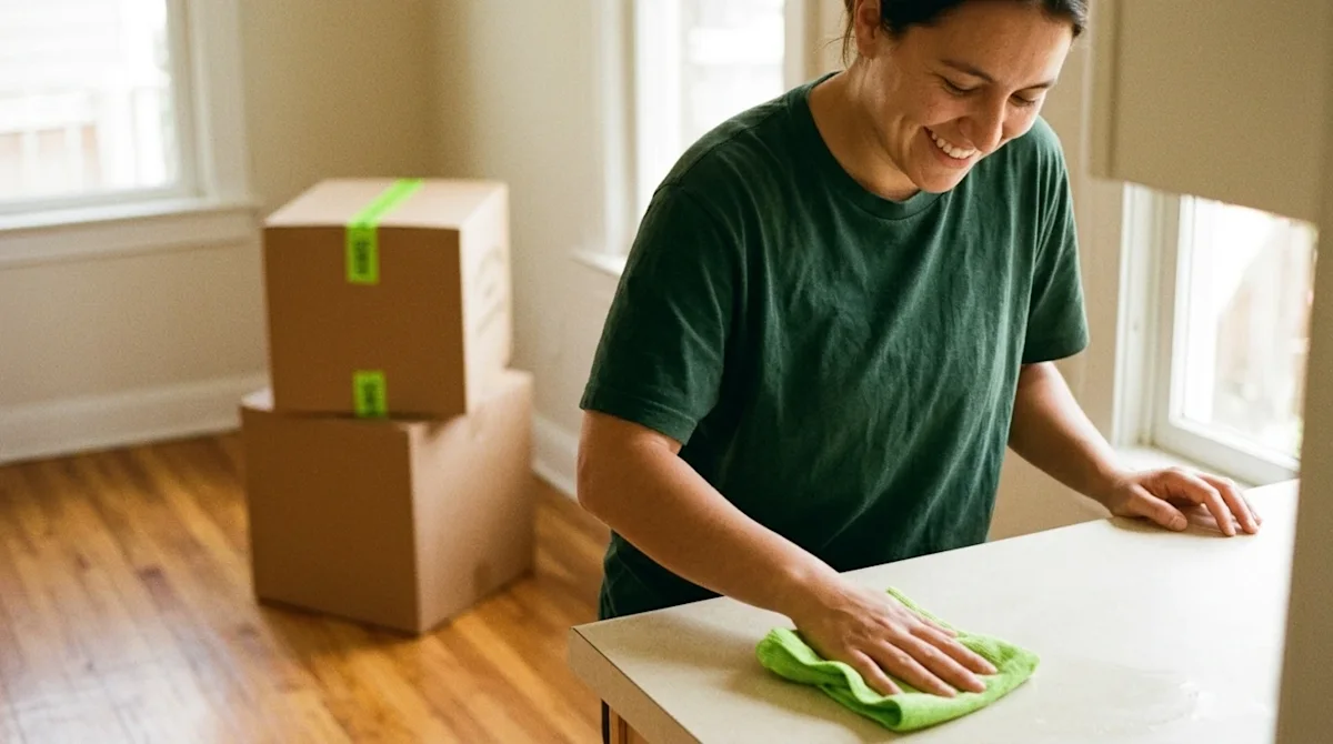 Authentic 35mm film style photography of a person cleaning the kitchen of their new home after moving in. The individual is s