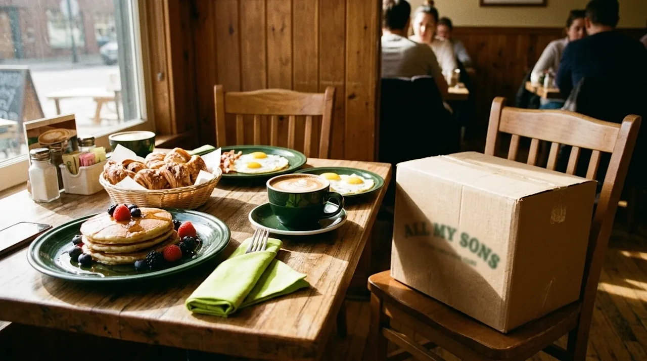 A candid lifestyle photograph of a delicious brunch spread on a warm, rustic wooden table at a vibrant local cafe, featuring