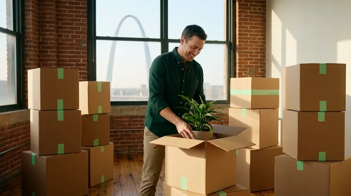 Documentary-style photograph of a motivated entrepreneur unpacking brown kraft cardboard moving boxes in a bright, new loft o