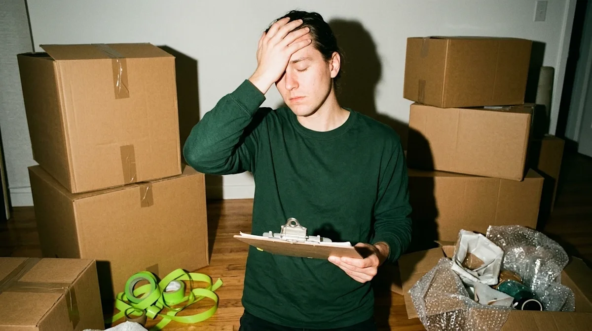 Candid 35mm film photography of a stressed, overwhelmed homeowner standing in a disorganized living room surrounded by haphaz